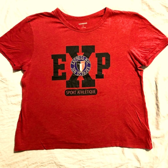 EXPRESS Red Graphic Sporty Logo Modal Knit TShirt athletique sizeL like new cond - Picture 2 of 11